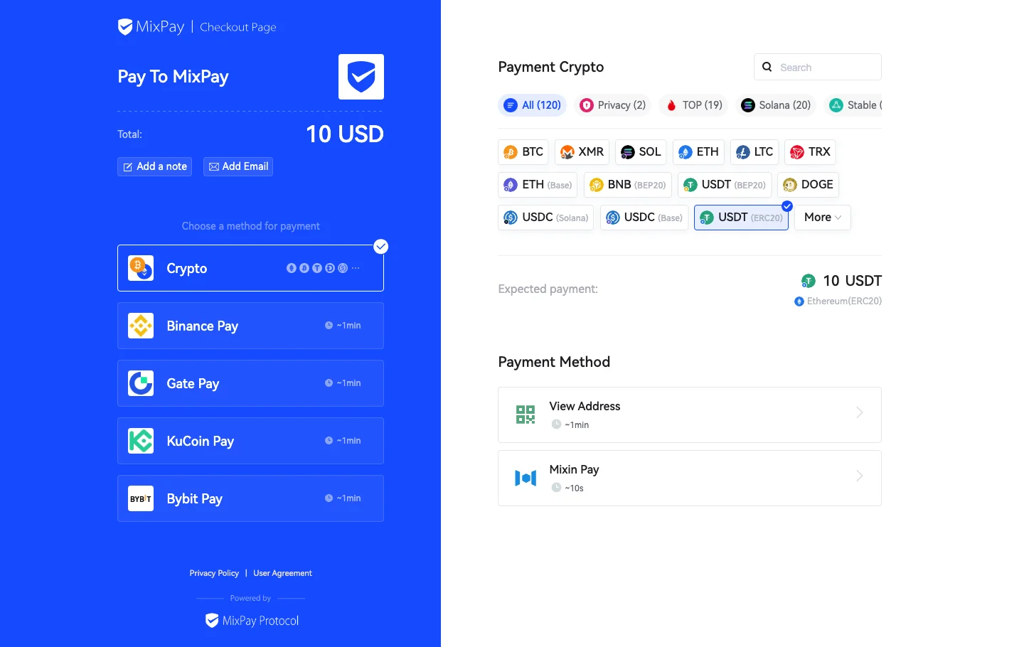MixPay unified checkout page showing payment method list, coin grid with USDT selected, and payment method options