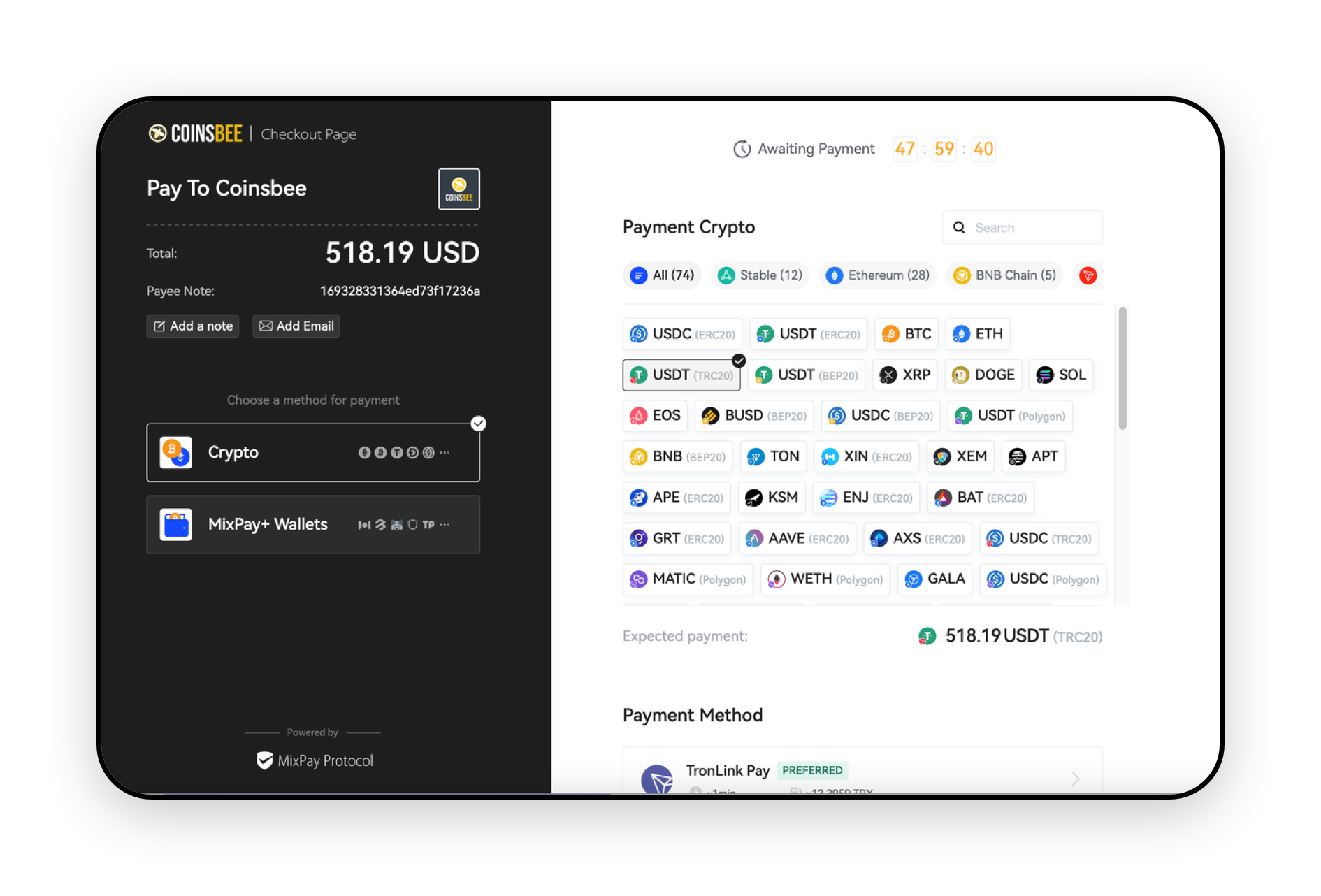 Coinsbee MixPay checkout page